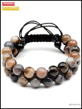 Natural Botswana Agate Beaded Macrame Bracelet for Men Women Unisex Adjustable